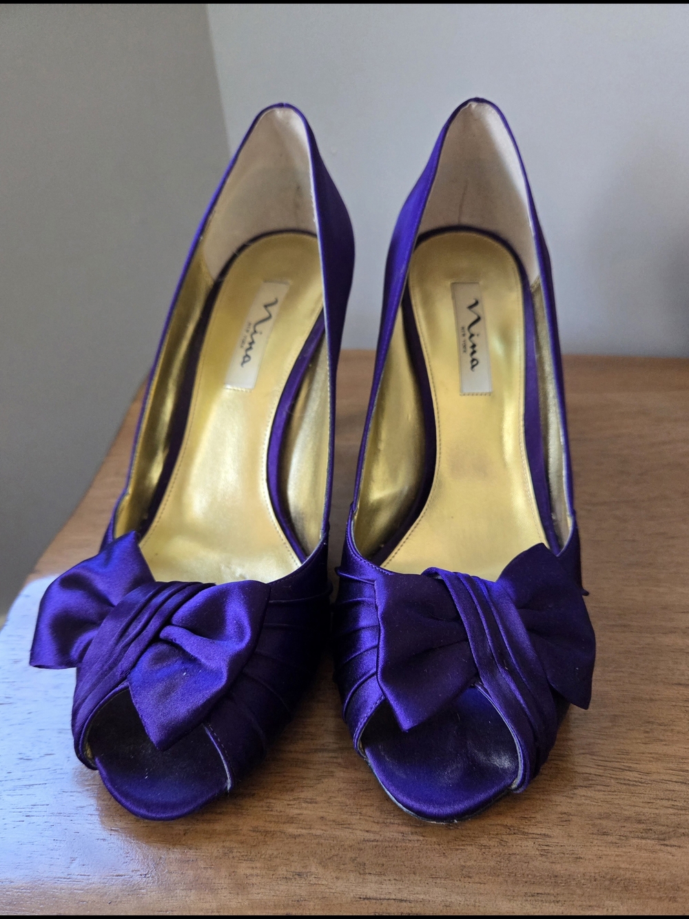 Nina Purple Satin Peep Toe Bow Heels